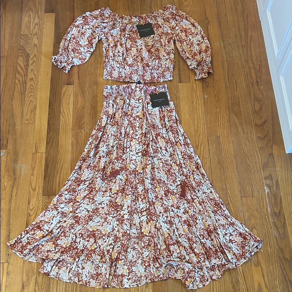 Cynthia Rowley Rust Floral Off-Shoulder Maxi Skirt Set